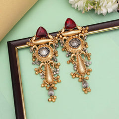 Amrapali Gold Plated Earrings with Kundan Stones with slight Silver Finish Red