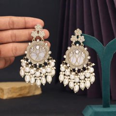 Mother of Pearl Earrings with Kundan Stonework, Imitation Pearls & Beads in White