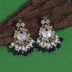 Mother of Pearl Earrings with Kundan Stonework, Imitation Pearls & Beads Black Colours