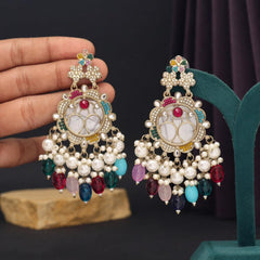 Mother of Pearl Earrings with Kundan Stonework, Imitation Pearls & Beads in Multi