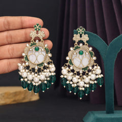Mother of Pearl Earrings with Kundan Stonework, Imitation Pearls & Beads Sea Green Colours