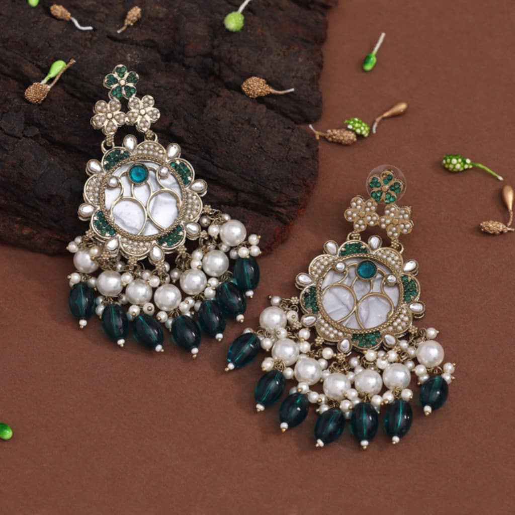 Mother of Pearl Earrings with Kundan Stonework, Imitation Pearls & Beads Navy Blue